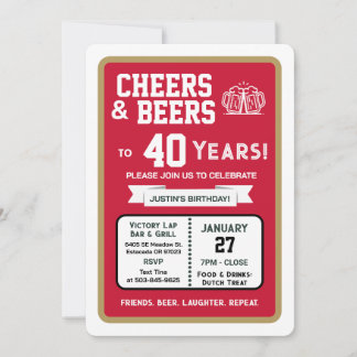 Sports Bar Birthday Cheers and Beers to 40 Years Invitation