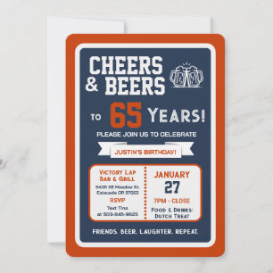 Sports Bar Birthday Cheers and Beers to 65 Years Invitation