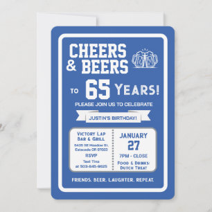 Sports Bar Birthday Cheers and Beers to 65 Years Invitation