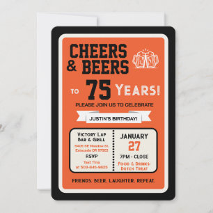 Sports Bar Birthday Cheers and Beers to 75 Years Invitation