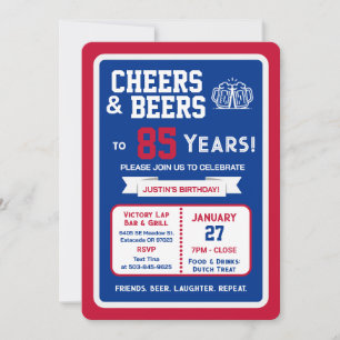 Sports Bar Birthday Cheers and Beers to 85 Years Invitation