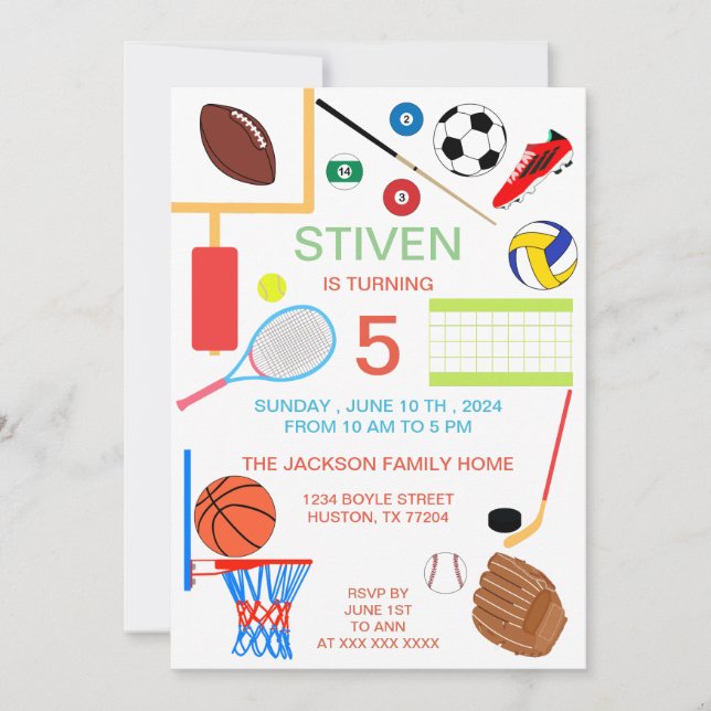 Sports Birthday Colourful Invitation (Front)