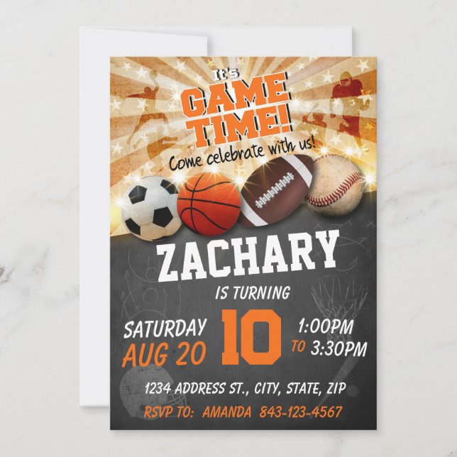 Sports birthday invitation assorted sports balls (Front)