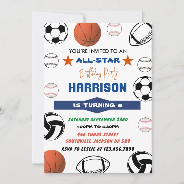 Sports Birthday Invitation, - Baseball-basketball Invitation (Front)