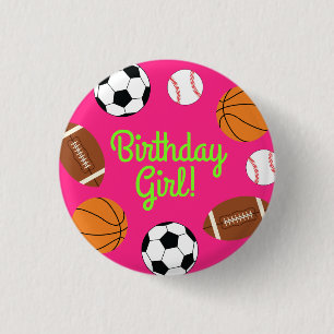 Sports Birthday Party Kids Cute Pink Girls 1 Inch Round Button