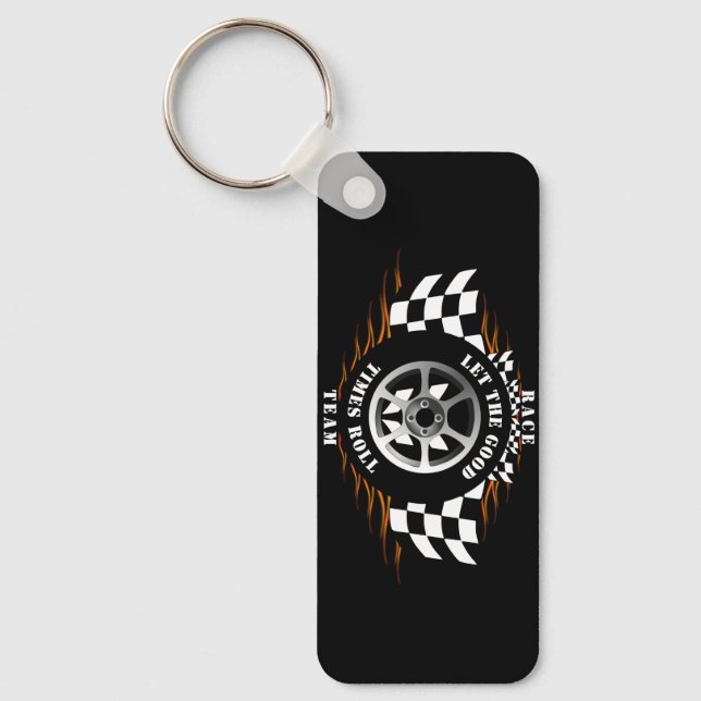 Sports Car Racing Chequered Burnout Flames Cool  Keychain (Front)