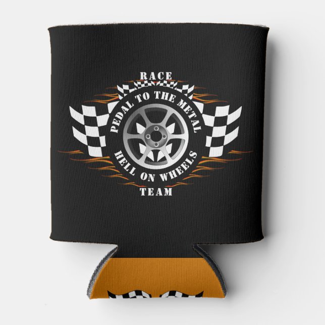 Sports Car Racing Flames Burnout Chequered Flag Can Cooler (Front)
