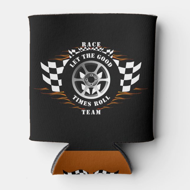 Sports Car Racing Team Chequered Flag Flames Pro Can Cooler (Front)