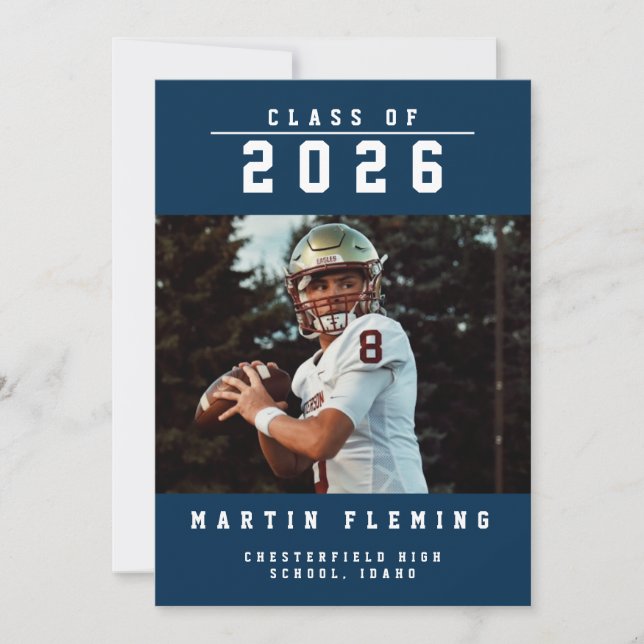 Sports Class of Custom Photo Blue Graduation Announcement (Front)