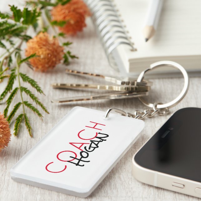 Sports custom COACH NAME red black Team colours Keychain (Front Right)