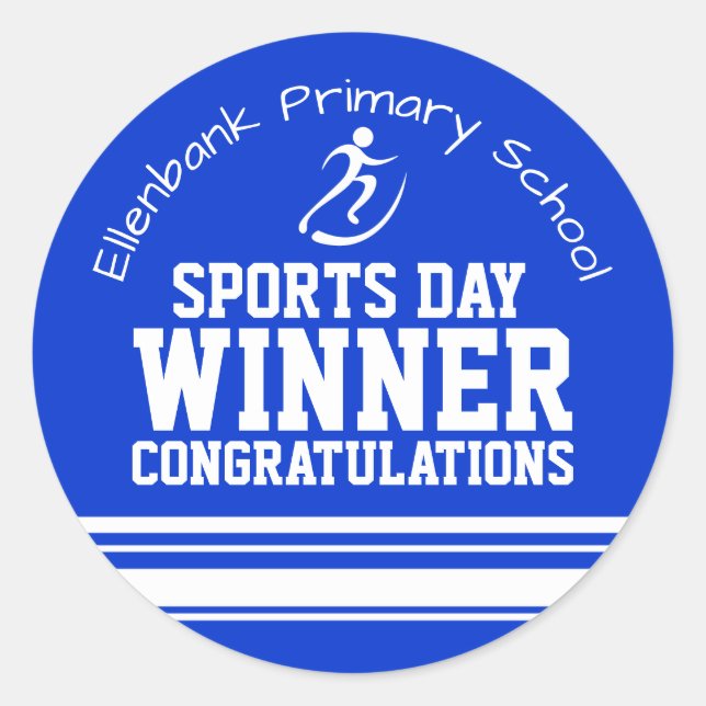 Sports day winner congratulations blue award classic round sticker (Front)