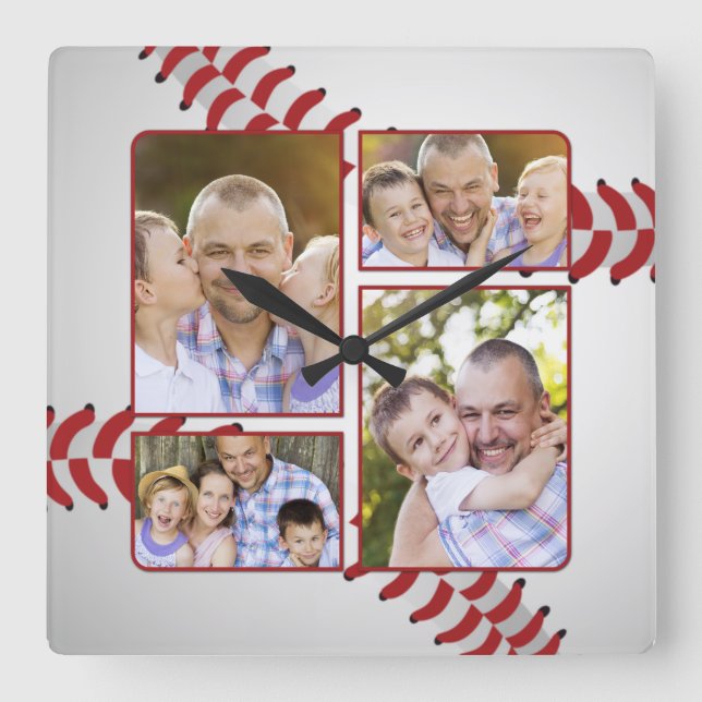 Sports Fan Baseball Photo Collage Father's Day Square Wall Clock (Front)
