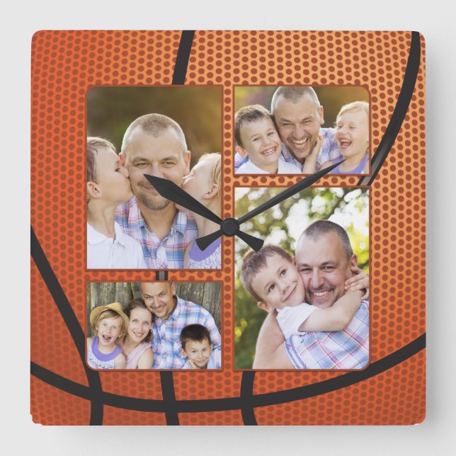Sports Fan Basketball Photo Collage Father's Day Square Wall Clock (Front)