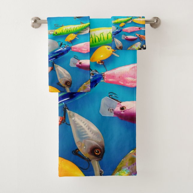 Sports Fisherman Fishing Lures Hooks on Blue Bath Towel Set (Insitu)