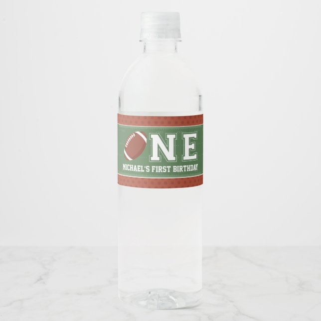 Sports, Football First Birthday Water Bottle Label (Front)