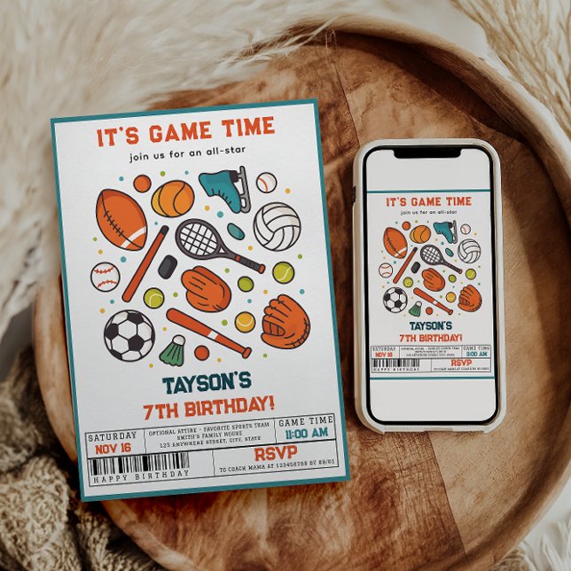 Sports Game Time All-Star 7th Birthday Party | Boy Invitation (Sports Game Time All-Star Birthday | Kids Sport invite)