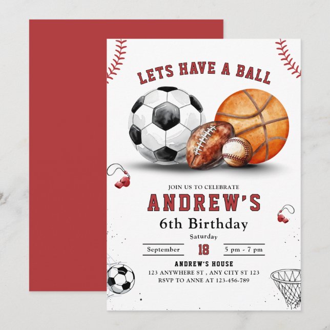 Sports Invitation Anniversaire, Basketball Footbal (Devant / Derrière)