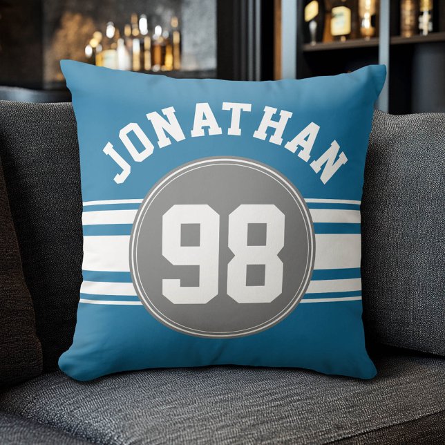 Sports Jersey Blue and Grey Stripes Name Number Throw Pillow (Custom Sporty Pillow)