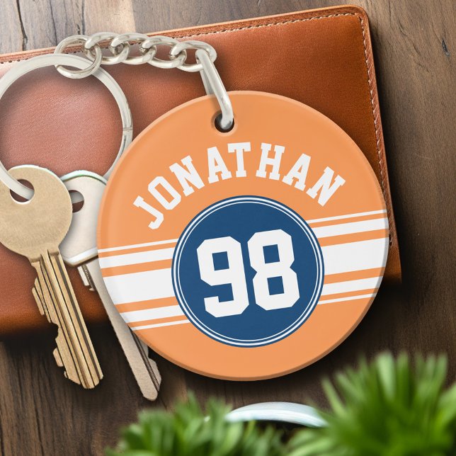 Sports Jersey Blue and Orange Stripes Name Number Keychain (Personalized Keychain - sports jersey theme)