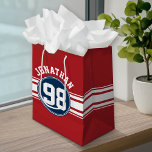 Sports Jersey Navy Blue & Red Stripes Name Number Medium Gift Bag<br><div class="desc">This sporty design is perfect for any athlete playing football,  soccer or baseball. You change the numbers to your lucky number or even a special age for a birthday celebration.</div>