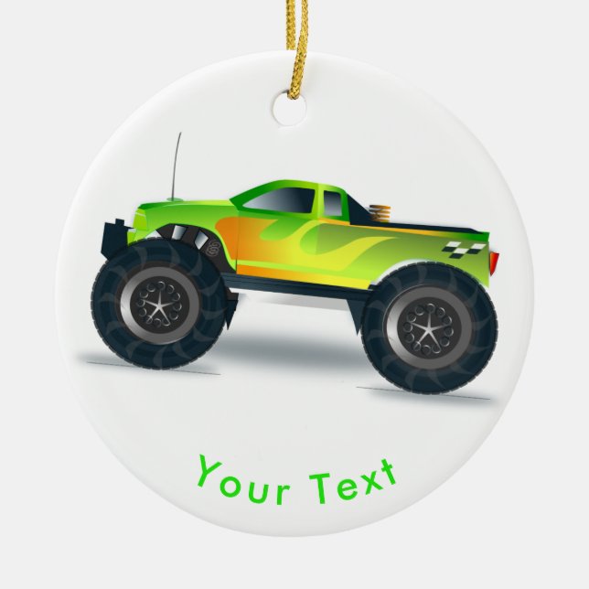 SPORTS Monster Truck in Neon Green & Orange Ceramic Ornament (Front)