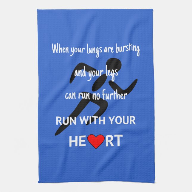 Sports motivational running quote blue kitchen towel (Vertical)