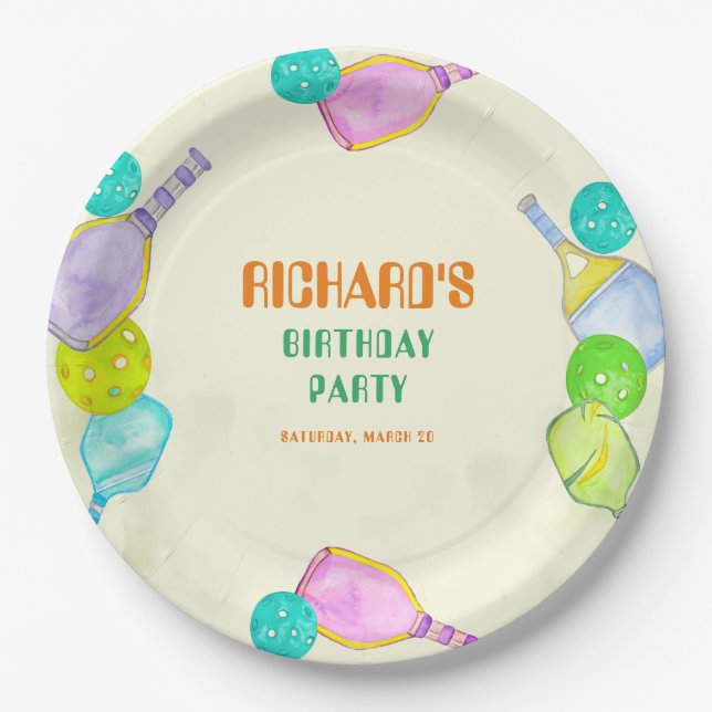 Sports Party Watercolor Pickleball Themed Birthday Paper Plate (Front)