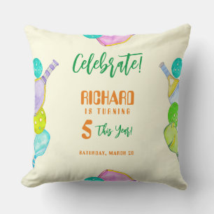 Sports Party Watercolor Pickleball Themed Birthday Throw Pillow