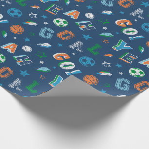 Sports pattern with text, balls and stars wrapping paper