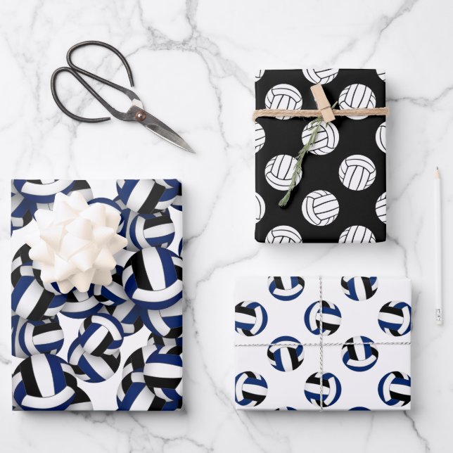 sports patterns blue black volleyballs wrapping paper sheet (Front)