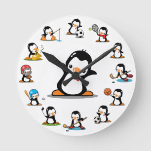 Sports Penguins Round Clock