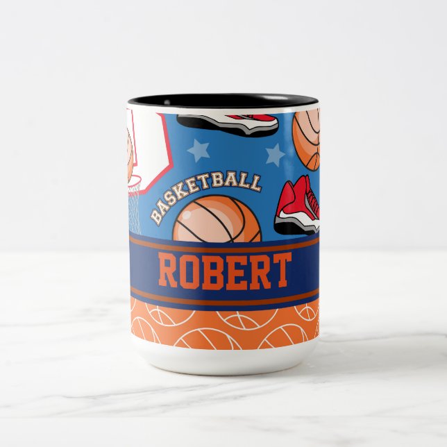 SPORTS Personalize Name Basketball Fan Fun Pattern Two-Tone Coffee Mug (Center)