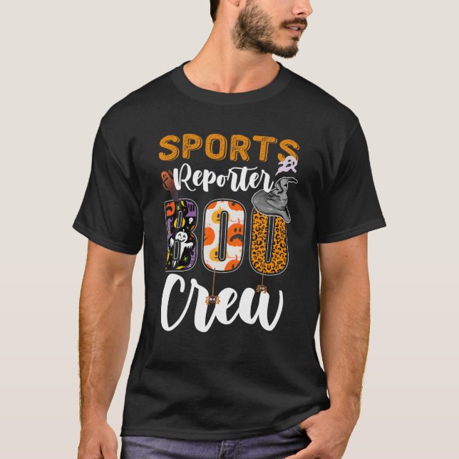 Sports Reporter Boo Crew Ghost Funny Halloween Mat T-Shirt (Front)