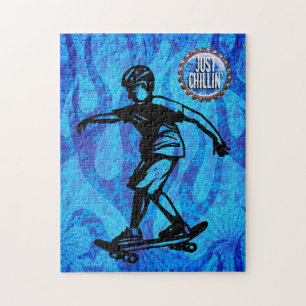 Sports Skateboarding Boy Blue Flames Just Chillin' Jigsaw Puzzle