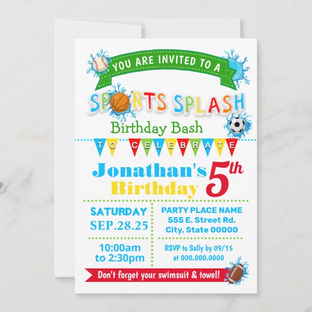 Sports splash birthday summer water party invitation (Front)