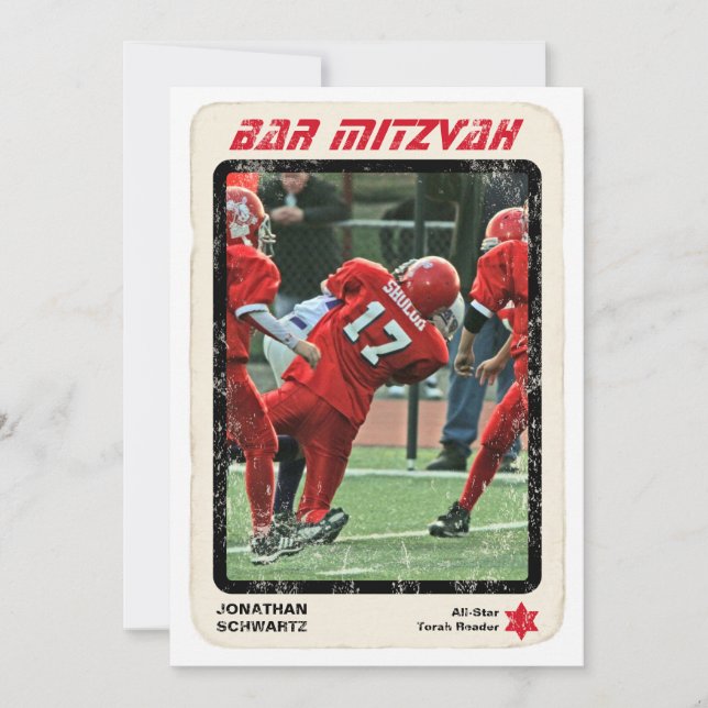 Sports Star Bar Mitzvah Invitation Red and Black (Front)