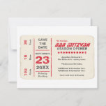 Sports Star Bar Mitzvah Save the Date Card in Red<br><div class="desc">Every great Bar Mitzvah begins with a little buzz. Generate some of your own with this save the date postcard that mimic a classic sporting event ticket. Plus, you can customize virtually all of the printed information with your information…just fill in the fields! It’s perfect for a sports themed Bar...</div>