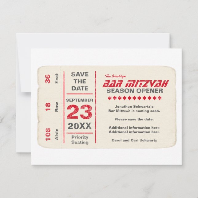 Sports Star Bar Mitzvah Save the Date Card in Red (Front)