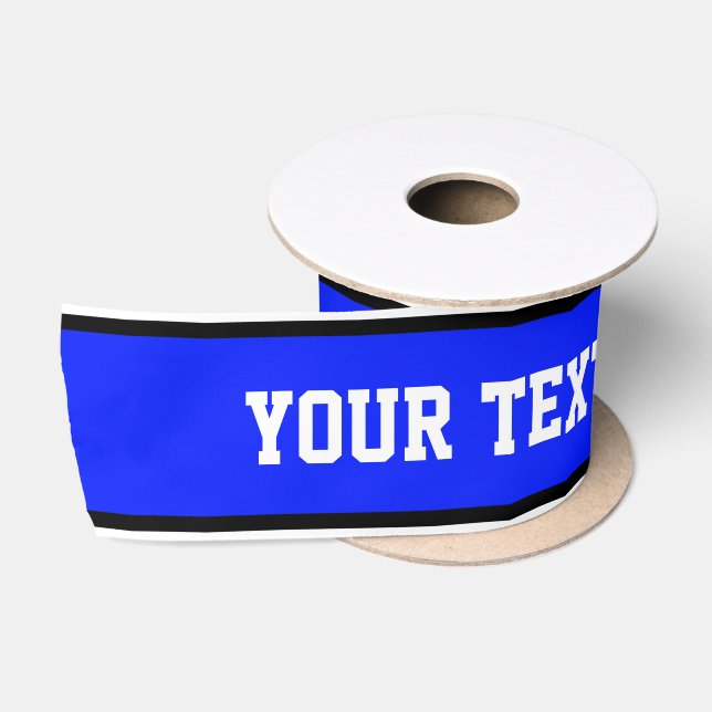 SPORTS STRIPES - Royal Black White + your text Satin Ribbon (Spool)