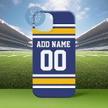 Sports Team Jersey with Custom Name and Number Case-Mate iPhone 14 Pro Max Case<br><div class="desc">Blue,  Yellow and White colours -- If you are a Fantasy Football team owner,  make your own products and show off to your friends! Or - Do you play High School Football and want a memento? This jersey design is perfect for anyone playing sports.</div>