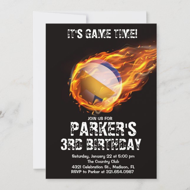 Sports Theme Game Fire Volleyball Black Birthday Invitation (Front)