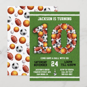 Sports Themed Balls 10th Birthday Party Invitation