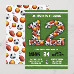 Sports Themed Balls 12th Birthday Party Invitation