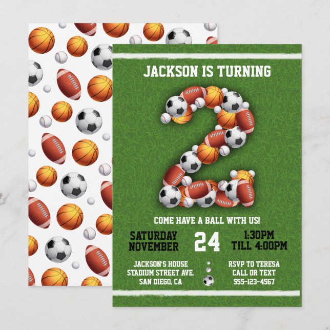 Sports Themed Balls 2nd Birthday Party Invitation (Front/Back)