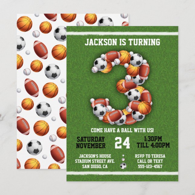 Sports Themed Balls 3rd Birthday Party Invitation (Front/Back)