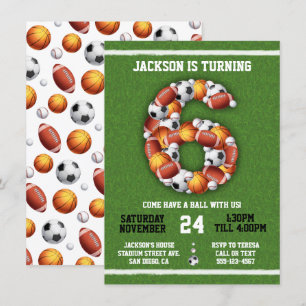 Sports Themed Balls 6th Birthday Party Invitation