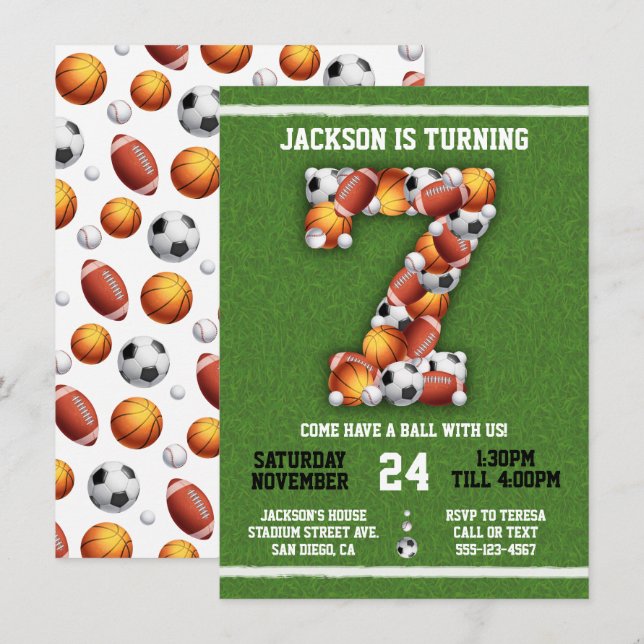 Sports Themed Balls 7th Birthday Party Invitation (Front/Back)
