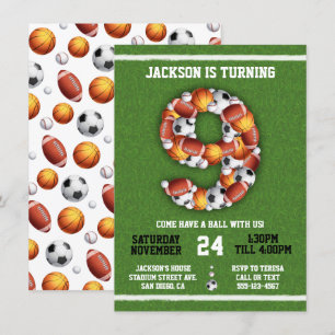 Sports Themed Balls 9th Birthday Party Invitation