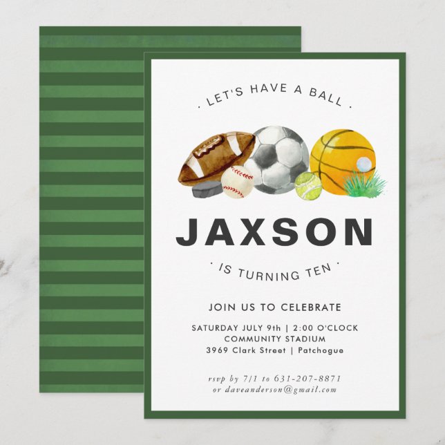 Sports Themed Birthday Party Invitation (Front/Back)