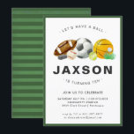 Sports Themed Birthday Party Invitation<br><div class="desc">Put your game face on and celebrate with our sports birthday party invitation. It's perfect for any age and any sports themed party. Add your custom wording to this design by using the "Edit this design template" boxes on the right hand side of the item, or click the blue "Customize...</div>